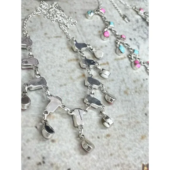 Handmade Sterling Silver Cotton Candy Turquoise Necklace, Signed Nizhoni